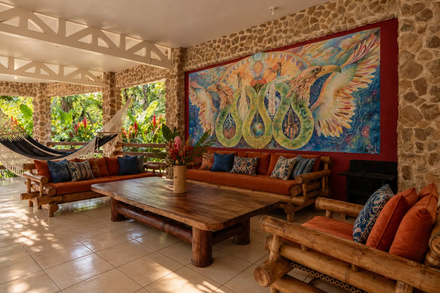 Lounge with bamboo sofas and a large mural in the main gathering hall